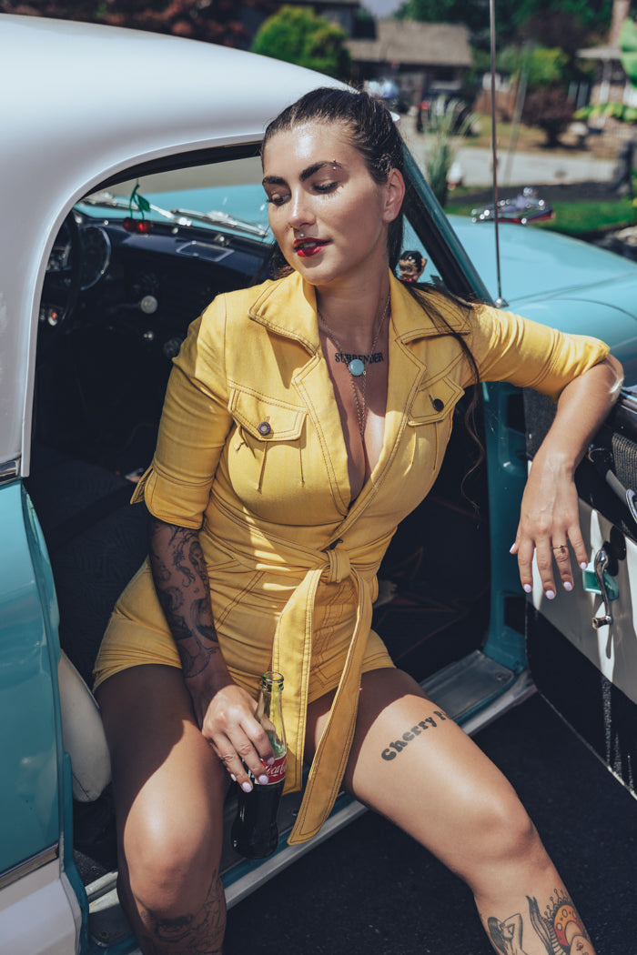 a retro 1970 style romper worn by a model for soul Sister since 1969