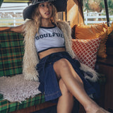 A soul Sister muse wearing 70s inspired soulful clothing by the fashion brand Soul Sister since 1969