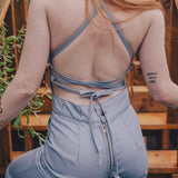  Women modelling at 70s inspired denim jumpsuit with wide leg small batch handmade by soul sister since 1969