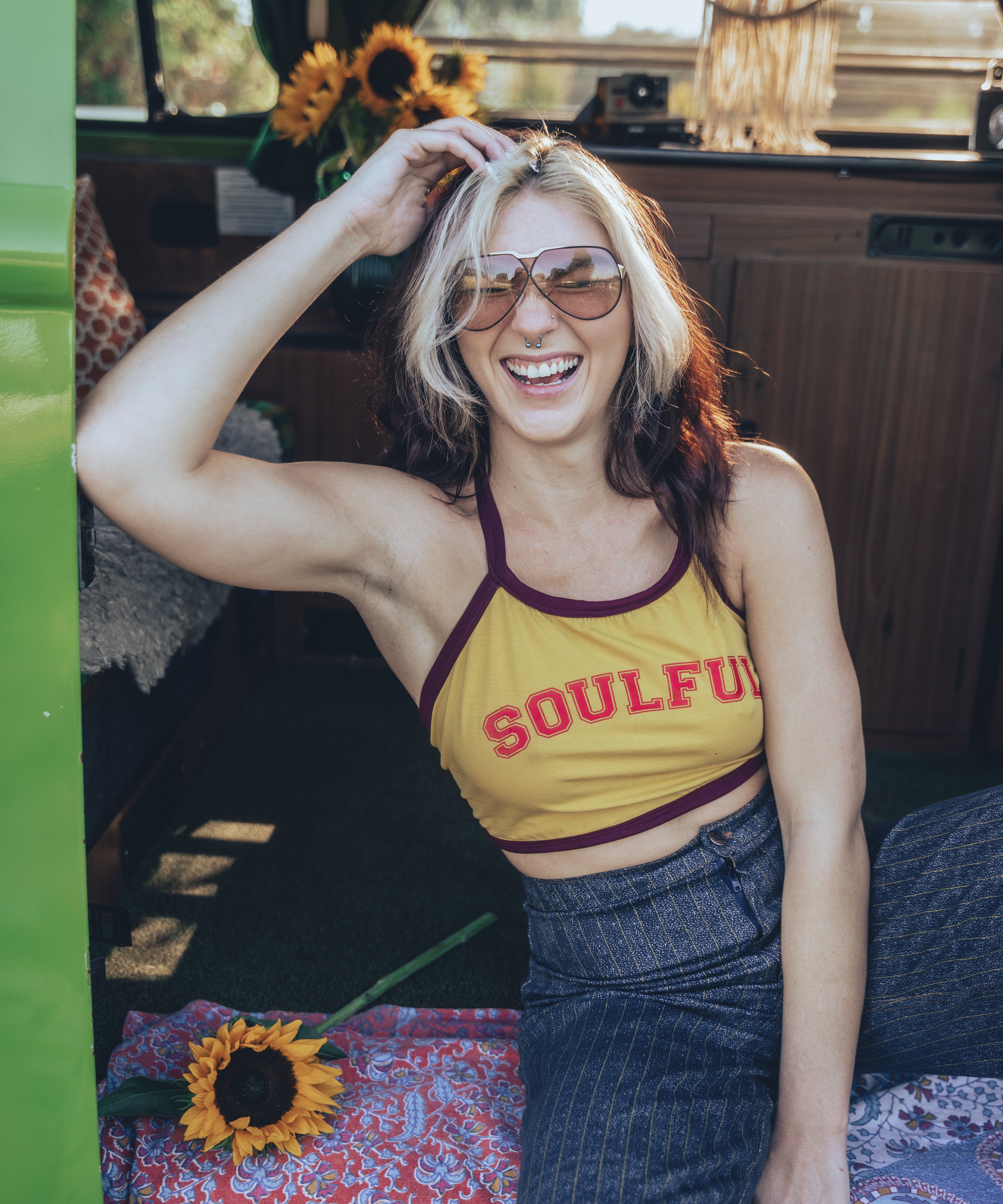 Soul Sister since 1969 - soulful yellow halter top with merlot trim vintage 70'S style