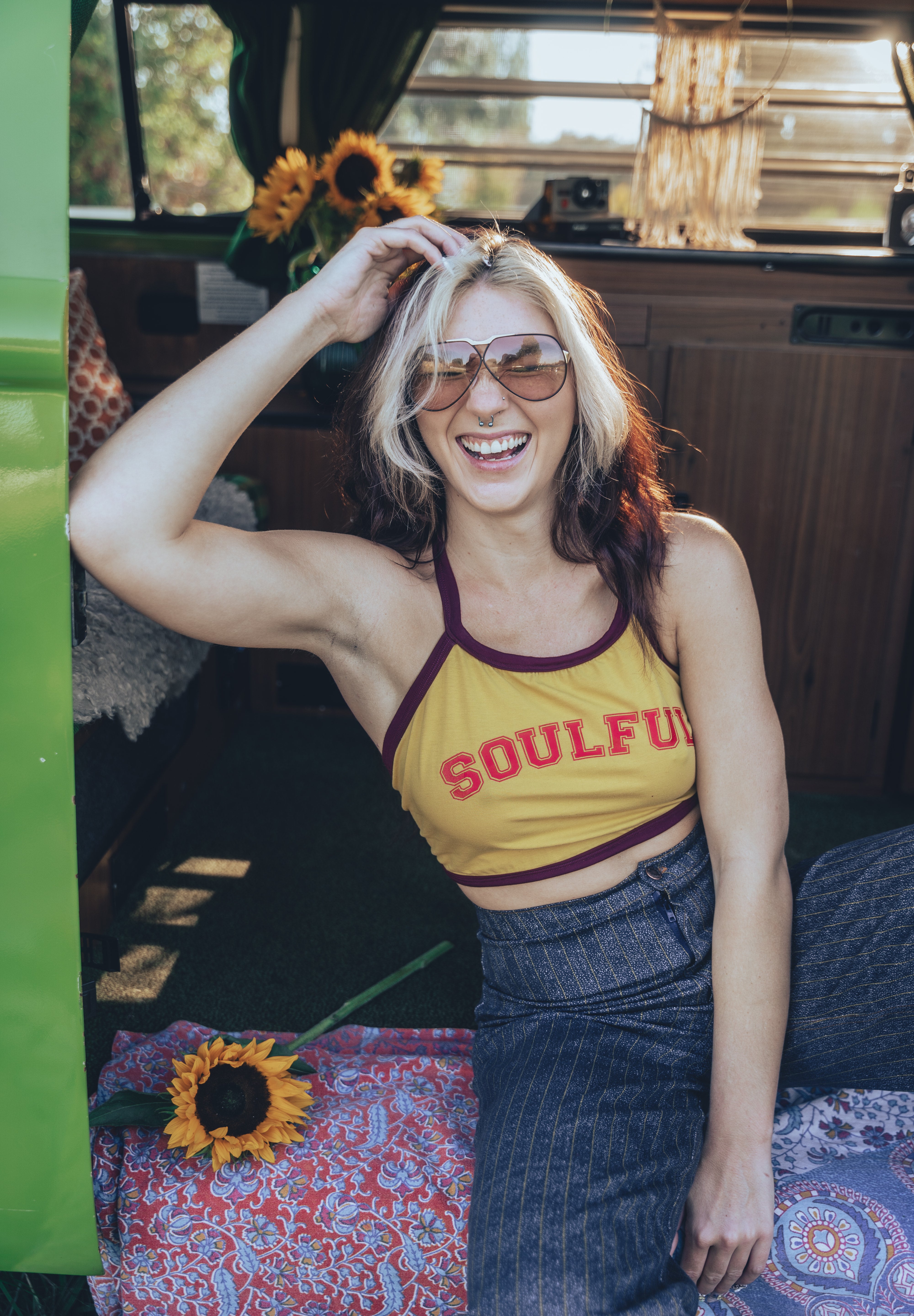 Soul Sister since 1969 - soulful yellow halter top with merlot trim vintage 70'S style