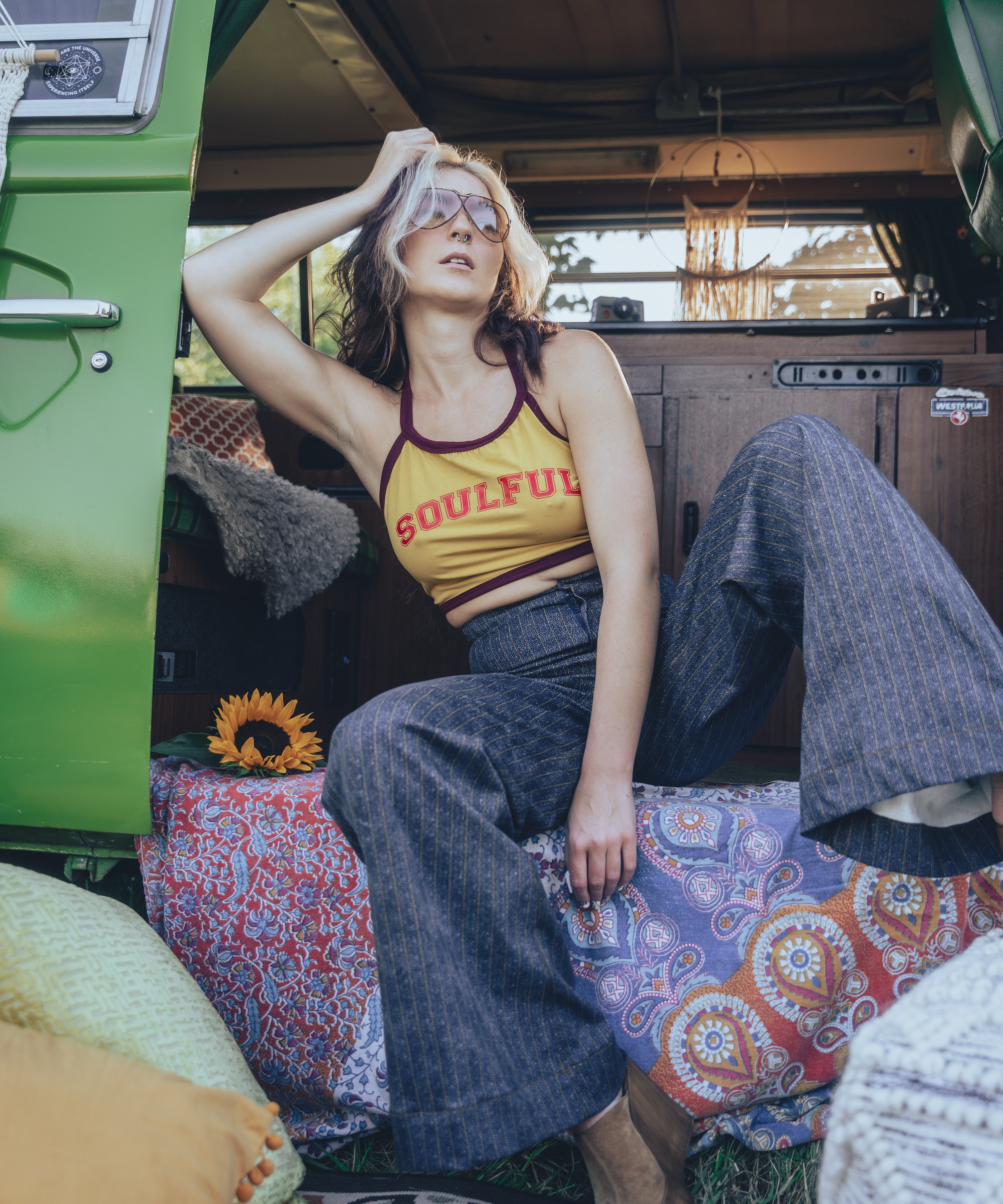 Soul Sister since 1969 - soulful yellow halter top with merlot trim vintage 70'S style