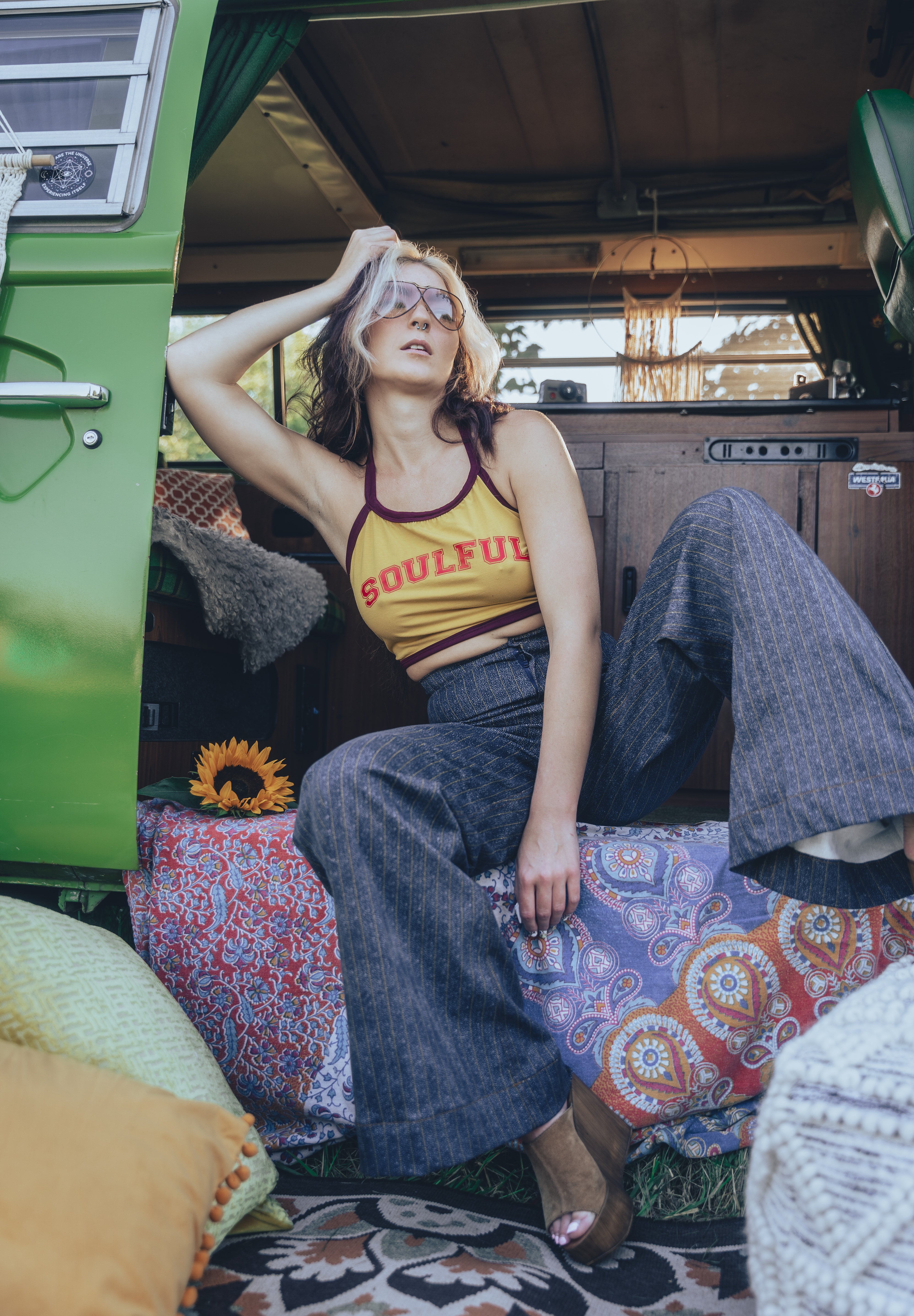 Soul Sister since 1969 - soulful yellow halter top with merlot trim vintage 70'S style