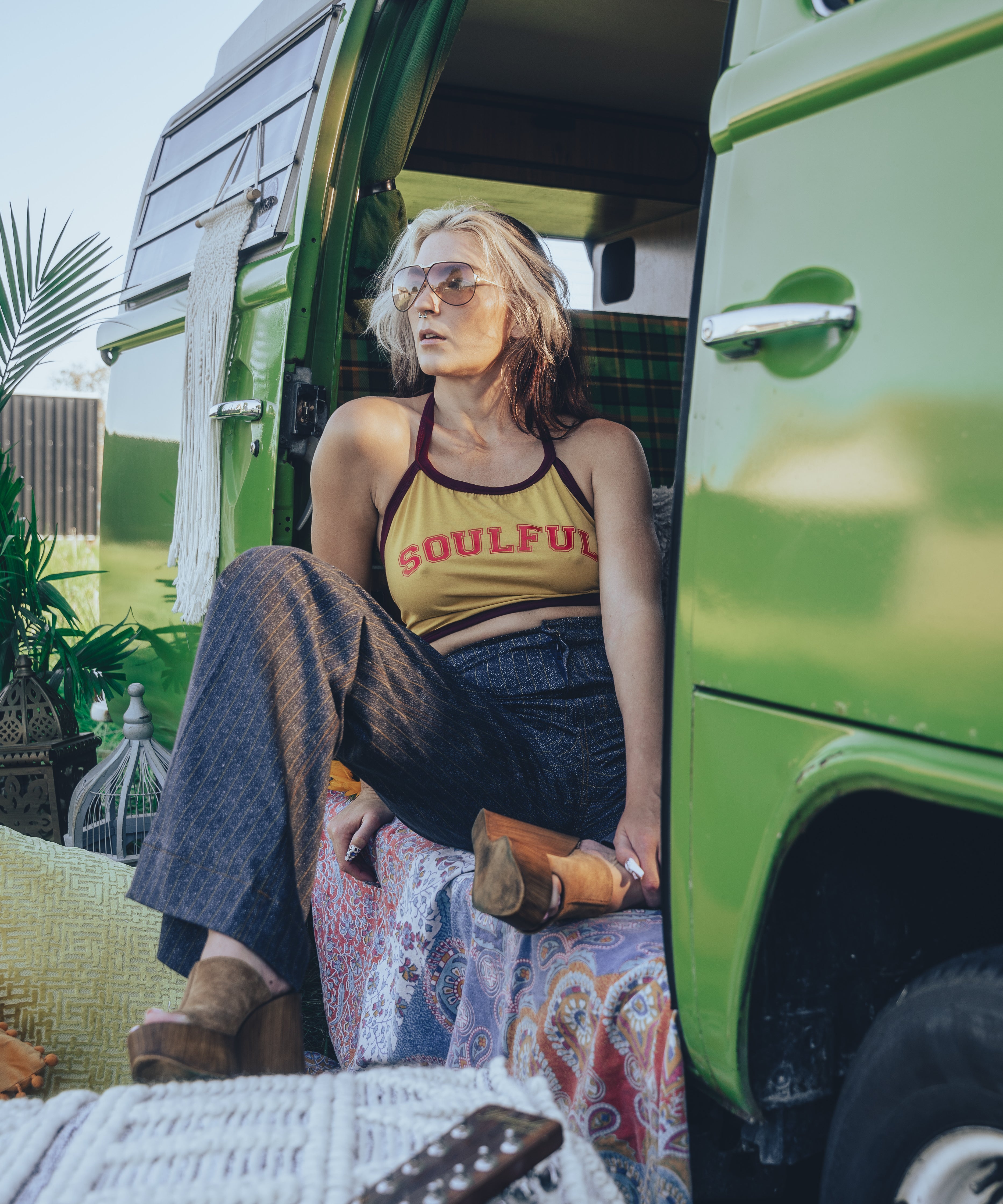 Soul Sister since 1969 - soulful yellow halter top with merlot trim vintage 70'S style