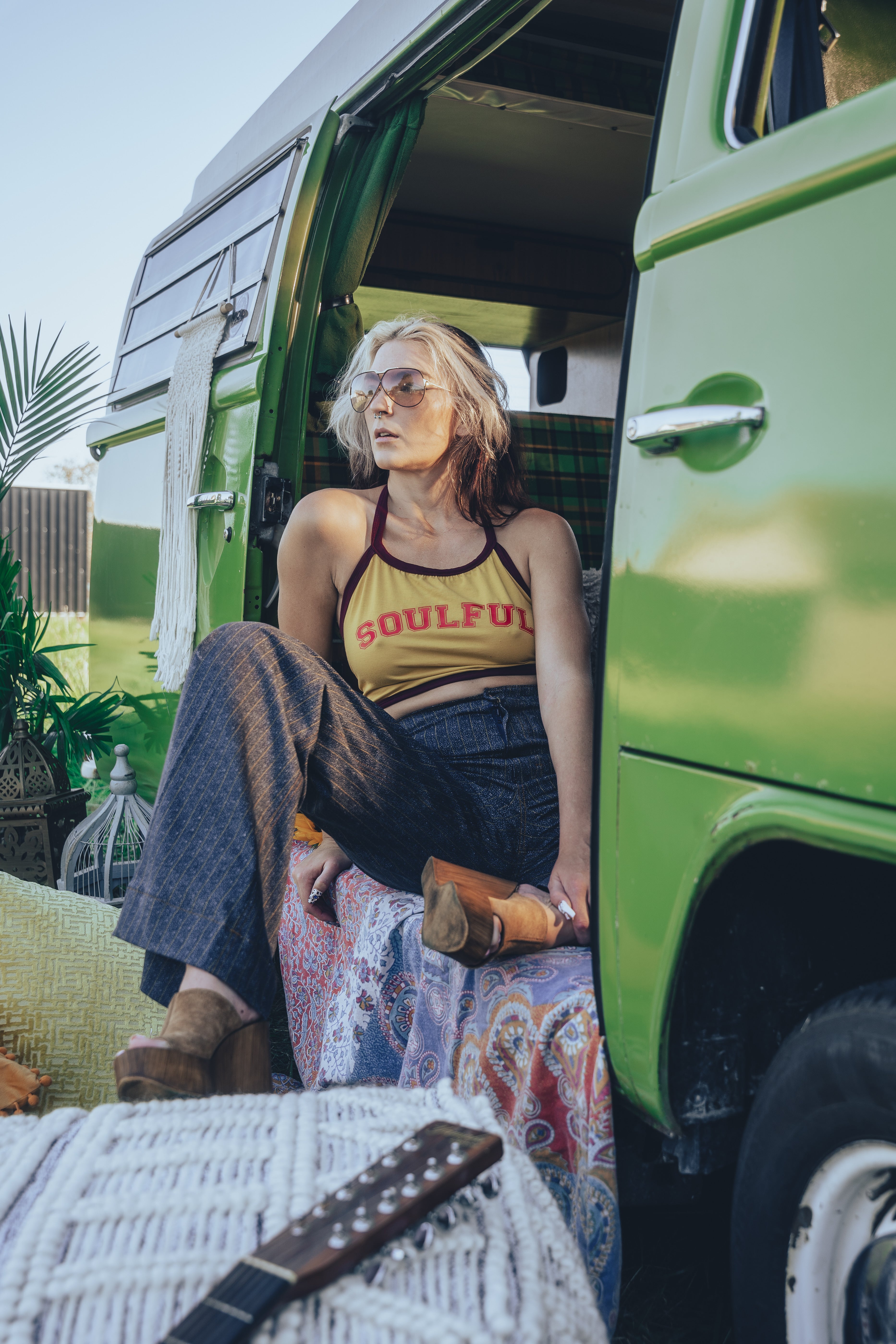 Soul Sister since 1969 - soulful yellow halter top with merlot trim vintage 70'S style