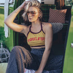 Soul Sister since 1969 - soulful yellow halter top with merlot trim vintage 70'S style fashion brand proudly made in Canada