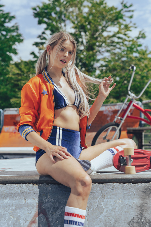 Soul Sister since 1969 orange retro bomber jacket on beauty blonde babe