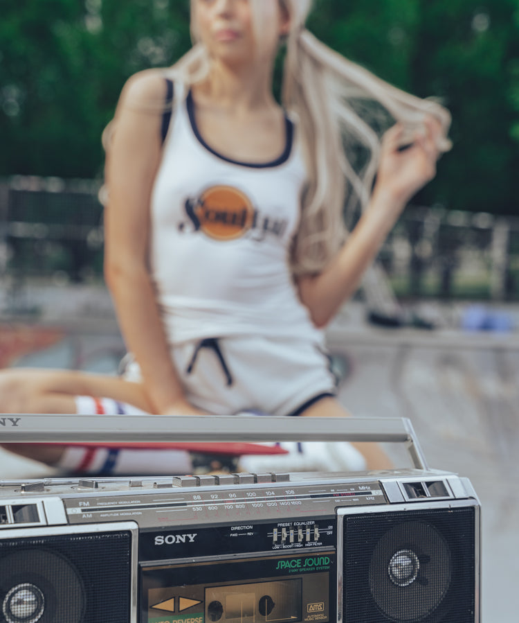 Billy Jean Sport Shorts & Soulful Tee Shirt on Soul Sister since 1969 model with old school ghetto blaster