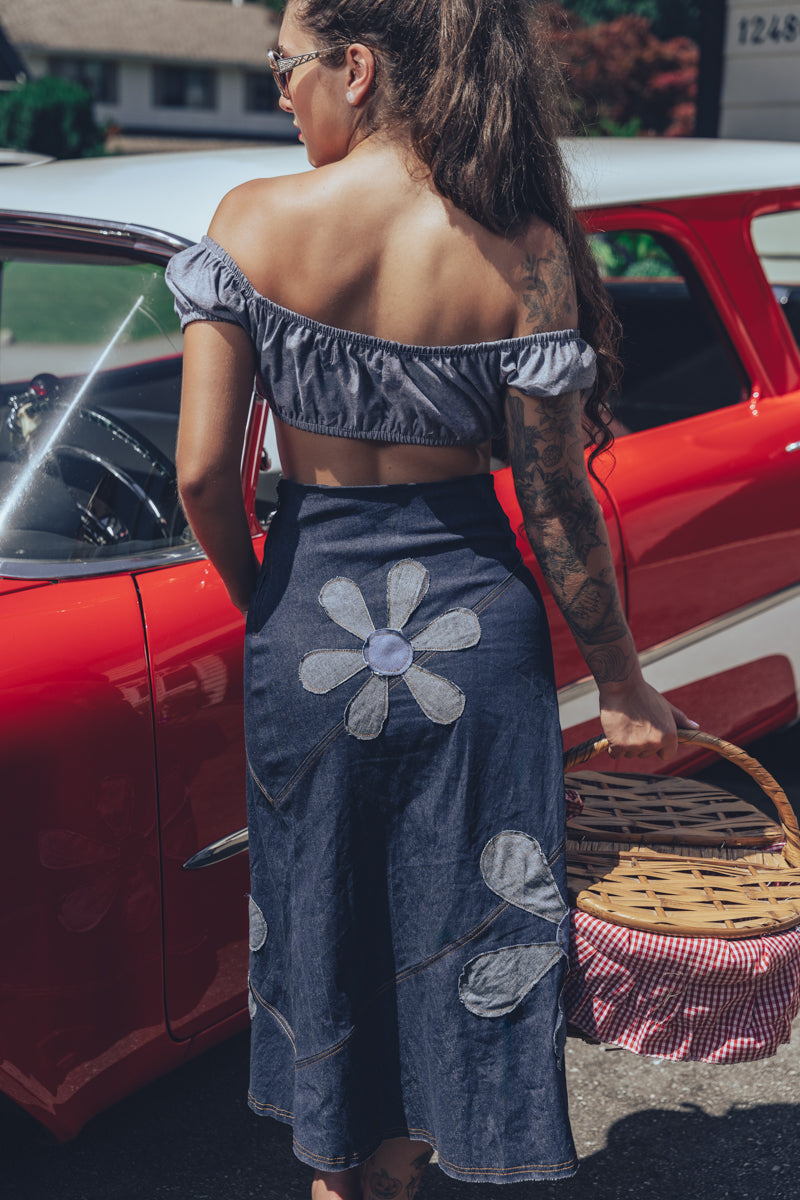 Denim Flower Power 3/4 length skirt - Soul Sister since  1969