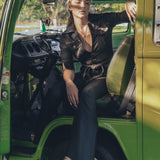 Black stretch denim Diva jumpsuit dramatic bell bottoms 70s retro Soul Sister