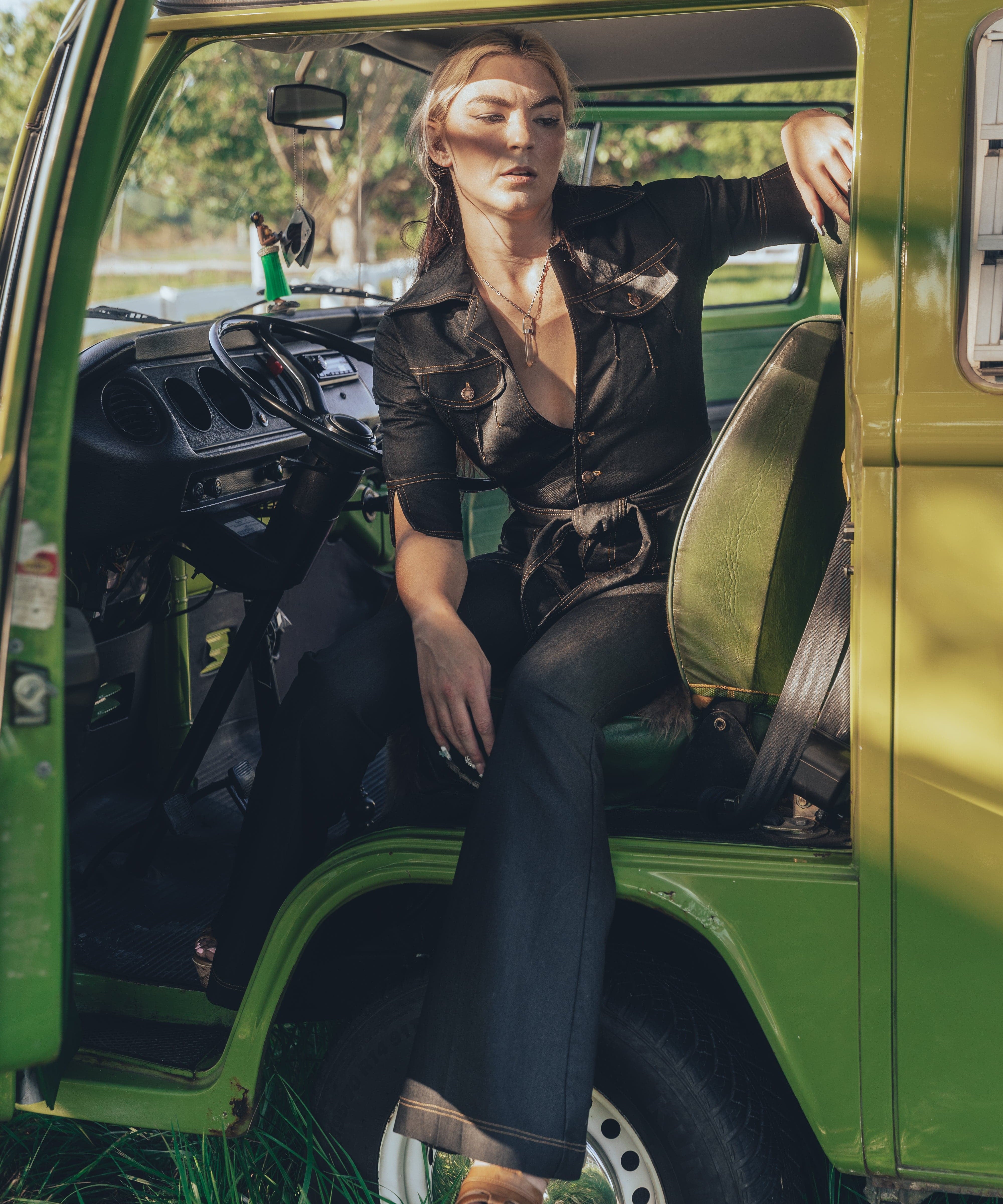 Black stretch denim Diva jumpsuit dramatic bell bottoms 70s retro Soul Sister