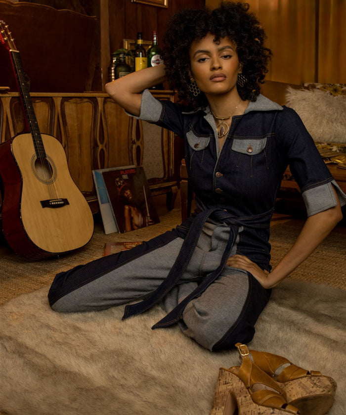 Funky Diva Jumpsuit - 2 Tone - Soul Sister since 1969 - stretch denim jumpsuit with a bold 70's inspired design, featuring a retro inspired silhouette and statement making style.
