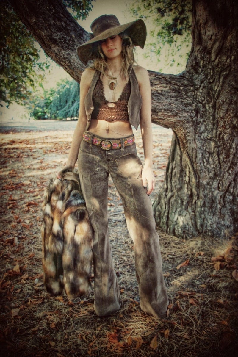 Janice patchwork hipster bellbottom jeans Brown Faux suede 