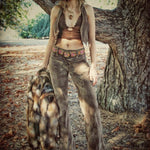 Janice patchwork hipster bellbottom jeans Brown Faux suede 