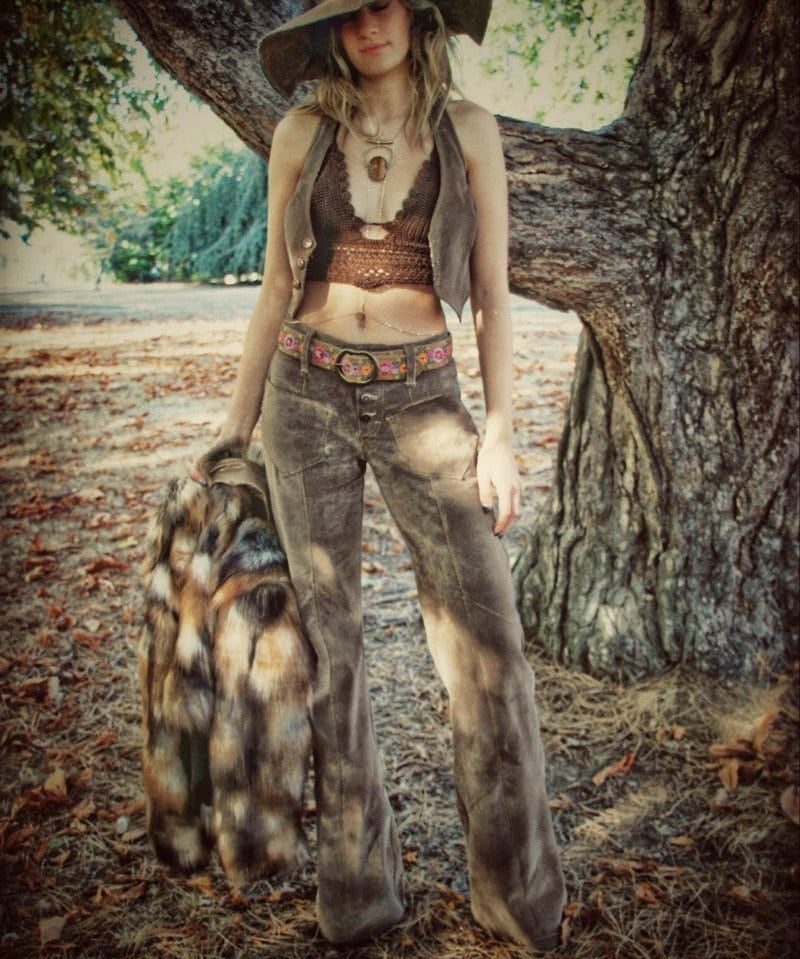 Janice patchwork hipster bellbottom jeans Brown Faux suede 