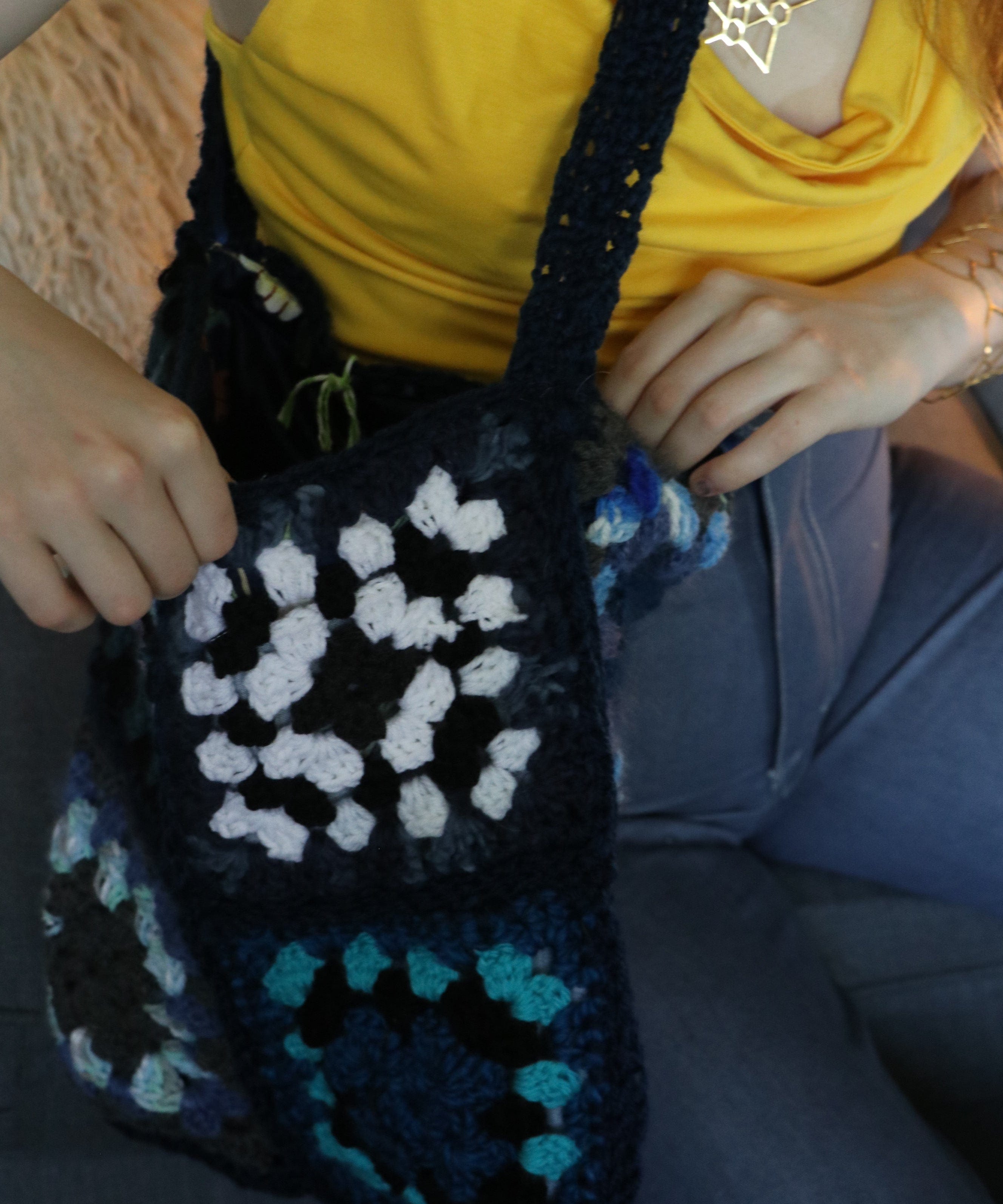 One of a kind Granny square bag - blue/ white - Carol Meyer crochet originals