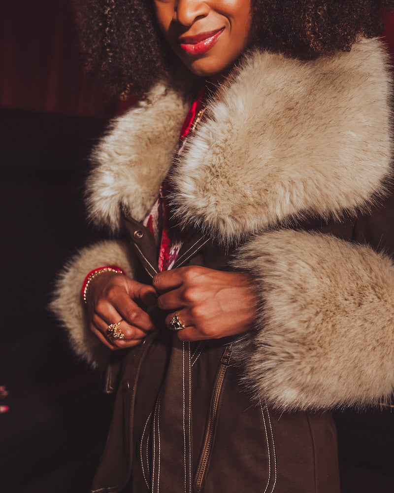 Person wearing a fur-trimmed coat with a dark background