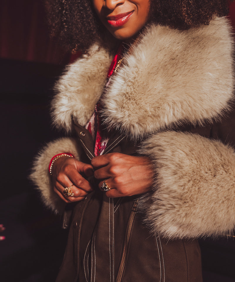 Person wearing a fur-trimmed coat with a dark background