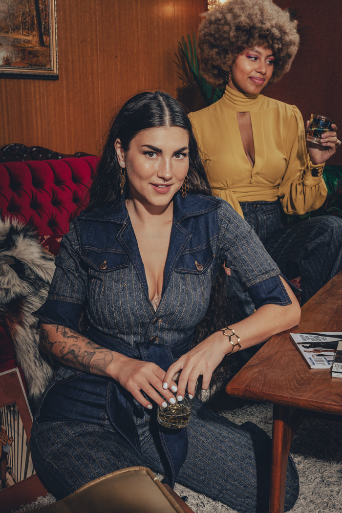 Simone Pinstripe Jumpsuit -Navy & Gold - Soul Sister since 1969