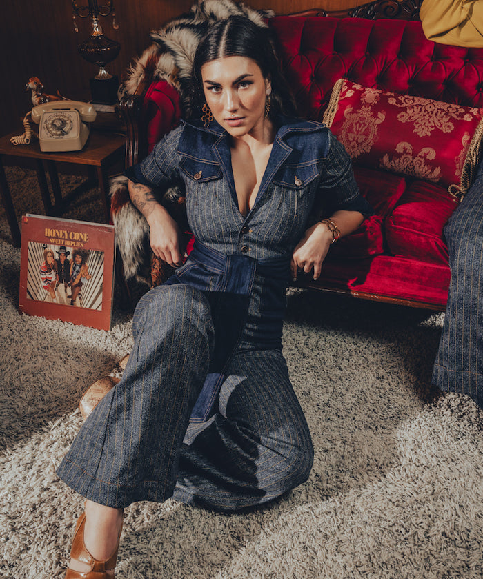 Simone Pinstripe Jumpsuit -Navy & Gold - Soul Sister since 1969