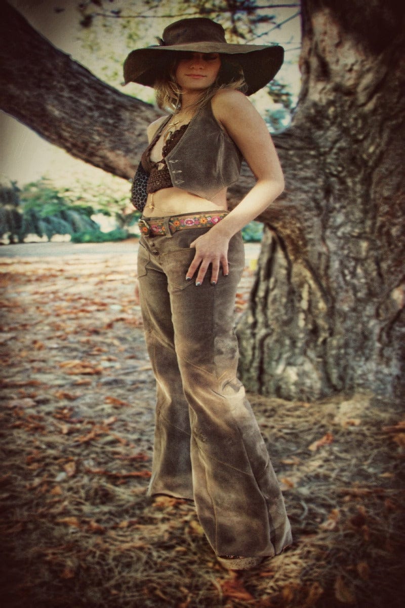 anice patchwork hipster bellbottom jeans Brown Faux suede 