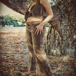 anice patchwork hipster bellbottom jeans Brown Faux suede 