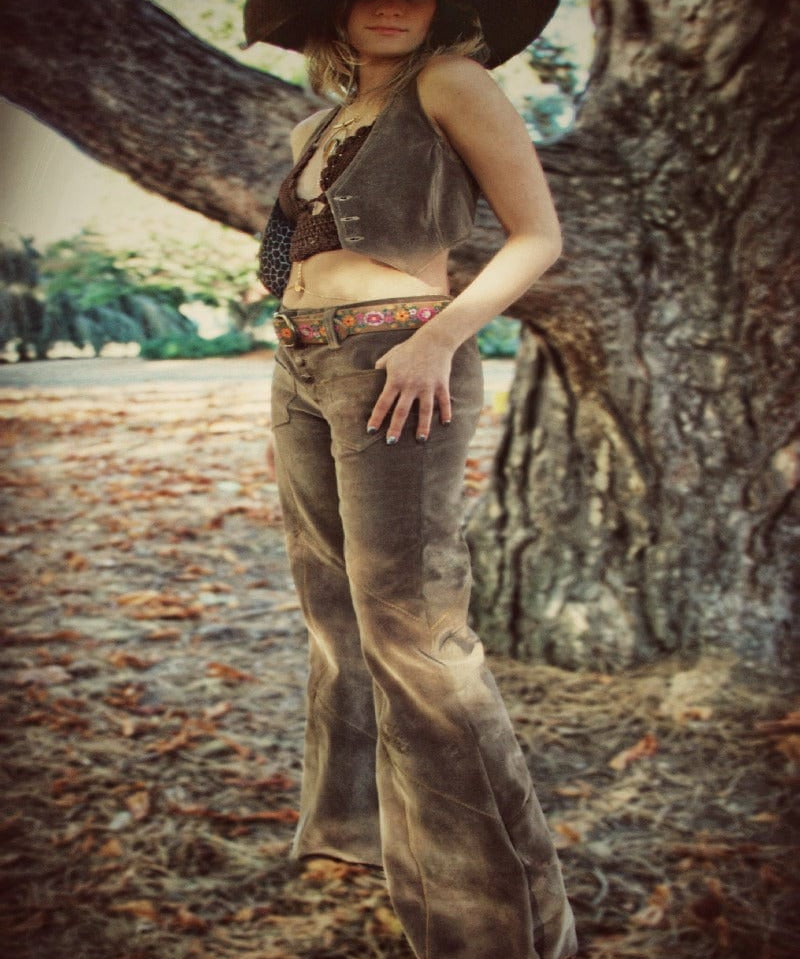 anice patchwork hipster bellbottom jeans Brown Faux suede 