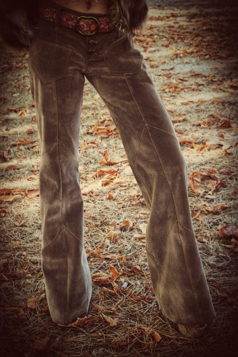 Janice patchwork hipster bellbottom jeans Brown Faux suede 