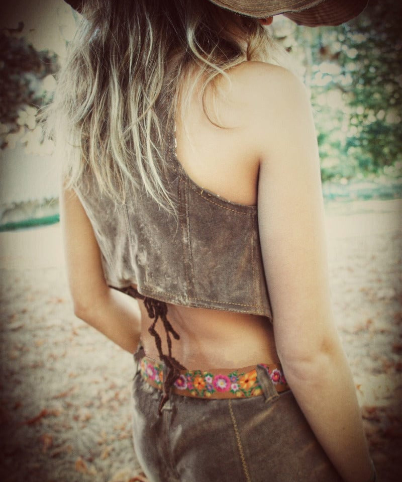 Janice patchwork hipster bellbottom jeans Brown Faux suede 