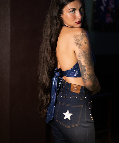 High rise Dark Denim 70 style bell bottom jean by soul sister since 1969