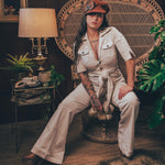 Stretch corduroy cream Diva jumpsuit with dramatic bell bottoms  designed for chic, sexy retro 70's inspired  silhouette