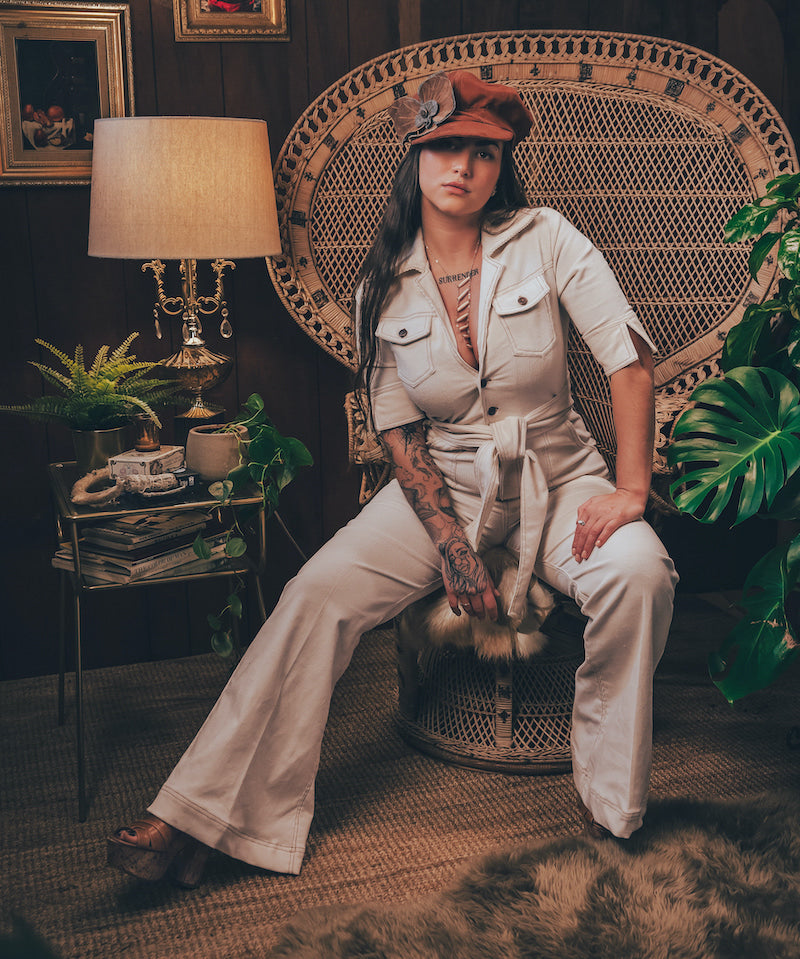 Stretch corduroy cream Diva jumpsuit with dramatic bell bottoms  designed for chic, sexy retro 70's inspired  silhouette