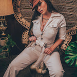 Stretch corduroy cream Diva jumpsuit with dramatic bell bottoms  designed for chic, sexy retro 70's inspired  silhouette