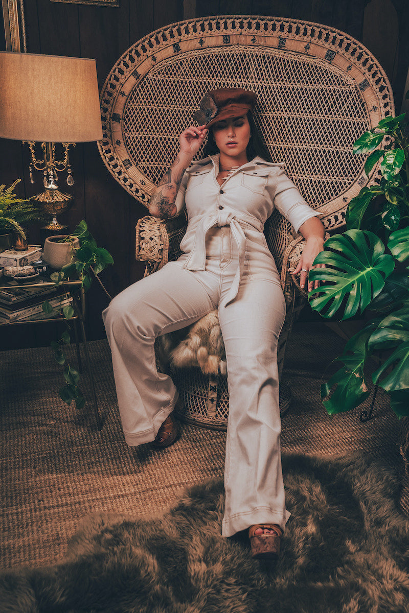 Stretch corduroy cream Diva jumpsuit with dramatic bell bottoms  designed for chic, sexy retro 70's inspired  silhouette