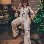 Stretch corduroy cream Diva jumpsuit with dramatic bell bottoms  designed for chic, sexy retro 70's inspired  silhouette
