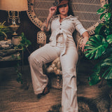 Stretch corduroy cream Diva jumpsuit with dramatic bell bottoms  designed for chic, sexy retro 70's inspired  silhouette