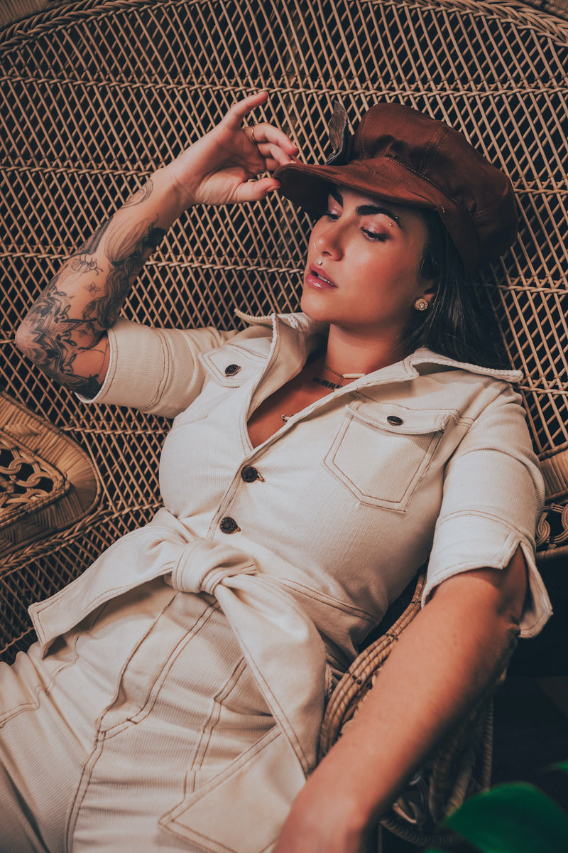 Stretch corduroy cream Diva jumpsuit with dramatic bell bottoms  designed for chic, sexy retro 70's inspired  silhouette