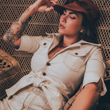 Stretch corduroy cream Diva jumpsuit with dramatic bell bottoms  designed for chic, sexy retro 70's inspired  silhouette