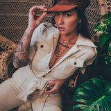 Stretch corduroy cream Diva jumpsuit with dramatic bell bottoms  designed for chic, sexy retro 70's inspired  silhouette