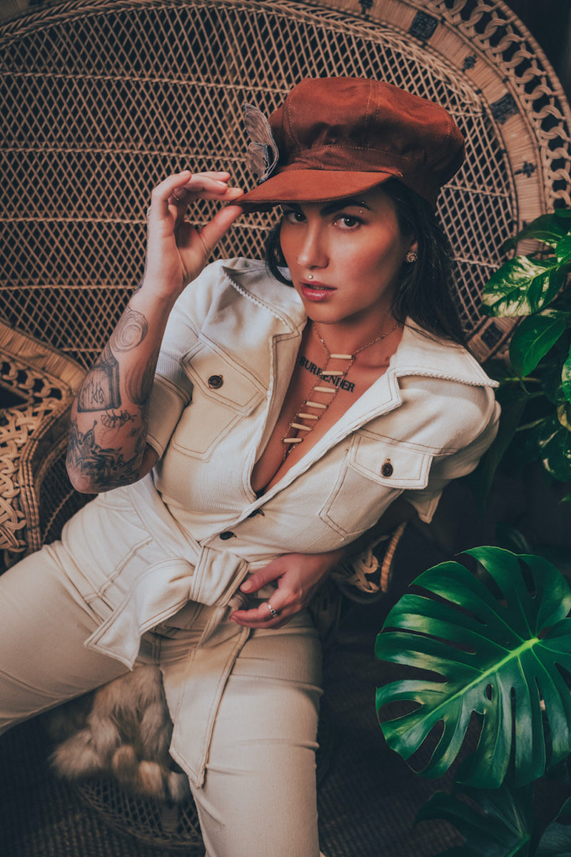 Stretch corduroy cream Diva jumpsuit with dramatic bell bottoms  designed for chic, sexy retro 70's inspired  silhouette