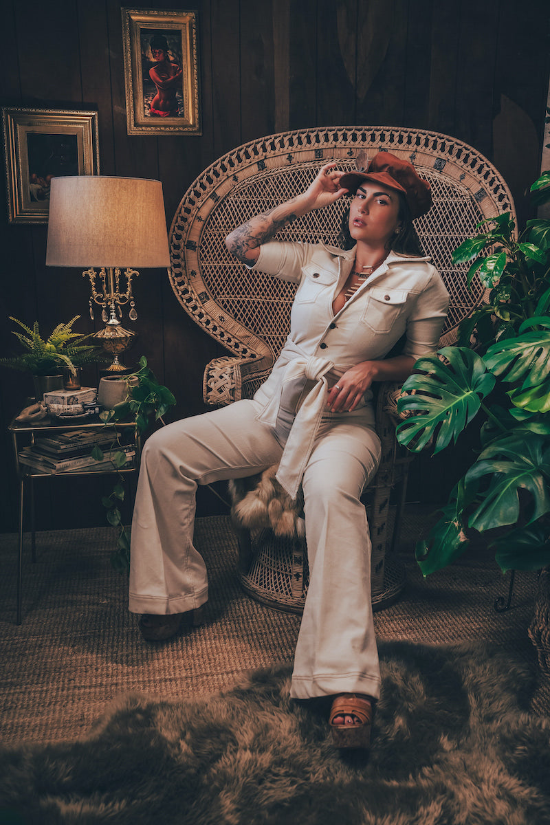 Stretch corduroy cream Diva jumpsuit with dramatic bell bottoms  designed for chic, sexy retro 70's inspired  silhouette