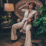 Stretch corduroy cream Diva jumpsuit with dramatic bell bottoms  designed for chic, sexy retro 70's inspired  silhouette