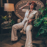 Stretch corduroy cream Diva jumpsuit with dramatic bell bottoms  designed for chic, sexy retro 70's inspired  silhouette