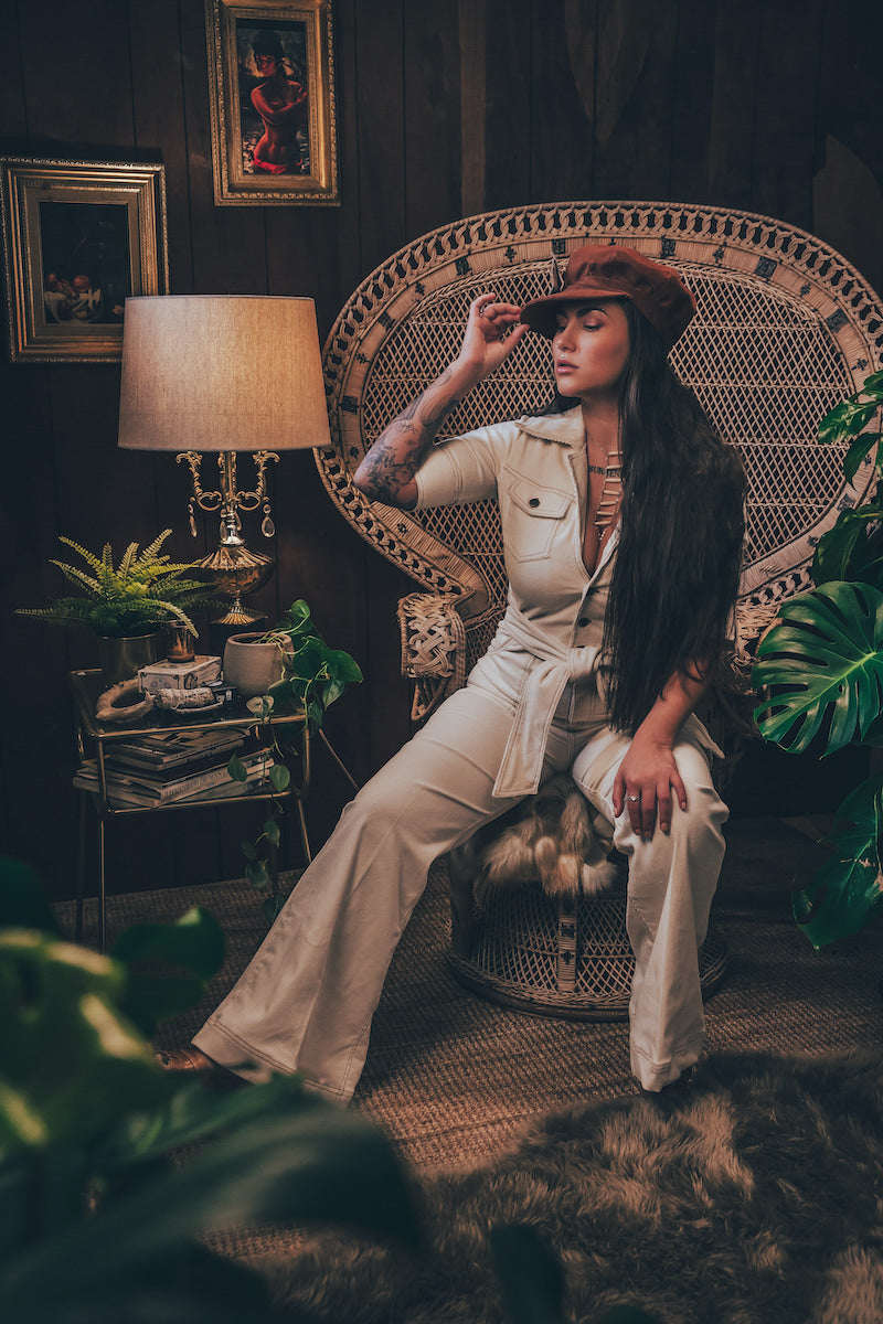 Stretch corduroy cream Diva jumpsuit with dramatic bell bottoms  designed for chic, sexy retro 70's inspired  silhouette