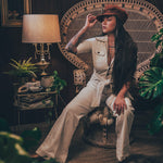 Stretch corduroy cream Diva jumpsuit with dramatic bell bottoms  designed for chic, sexy retro 70's inspired  silhouette