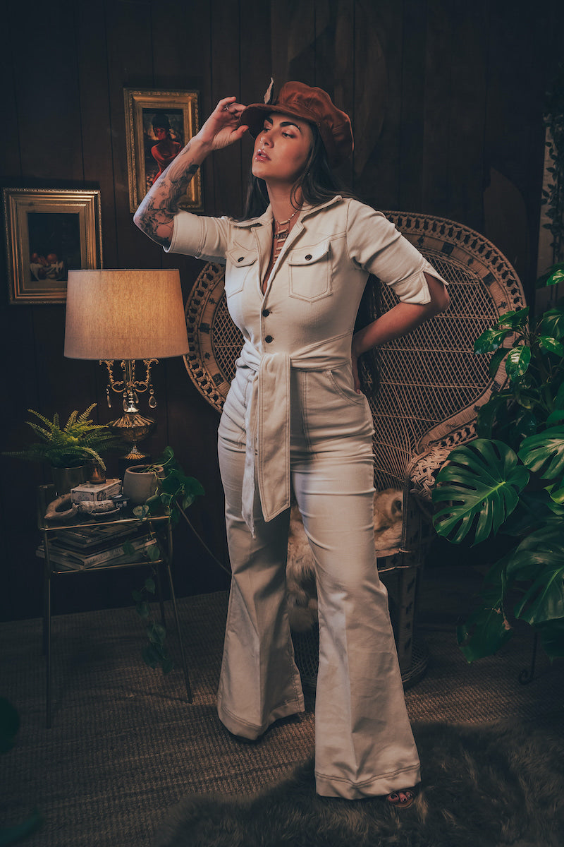 Stretch corduroy cream Diva jumpsuit with dramatic bell bottoms  designed for chic, sexy retro 70's inspired  silhouette