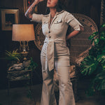 Stretch corduroy cream Diva jumpsuit with dramatic bell bottoms  designed for chic, sexy retro 70's inspired  silhouette