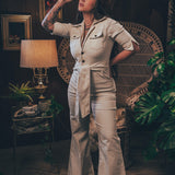 Stretch corduroy cream Diva jumpsuit with dramatic bell bottoms  designed for chic, sexy retro 70's inspired  silhouette