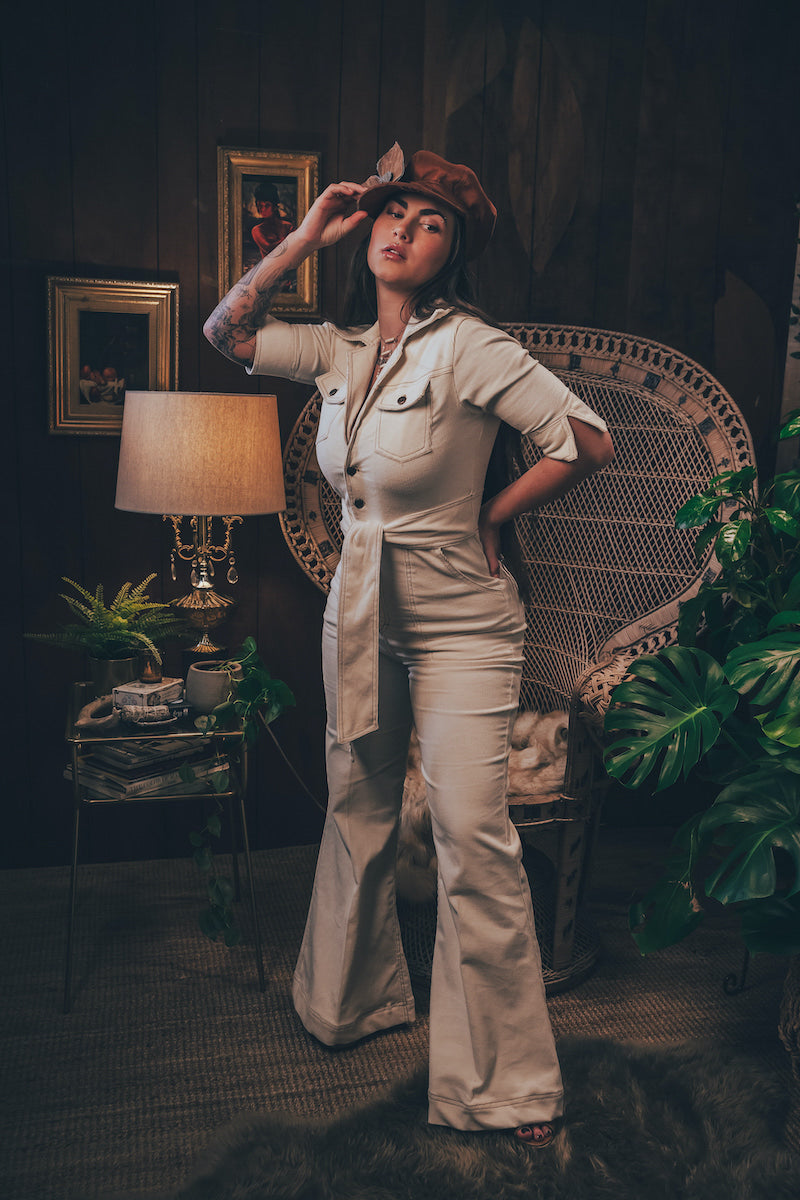 Stretch corduroy cream Diva jumpsuit with dramatic bell bottoms  designed for chic, sexy retro 70's inspired  silhouette