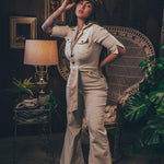 Stretch corduroy cream Diva jumpsuit with dramatic bell bottoms  designed for chic, sexy retro 70's inspired  silhouette